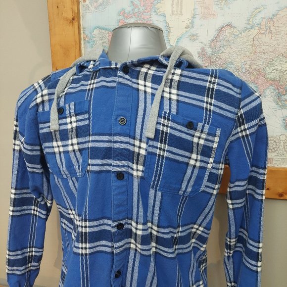 Urban Heritage Blue Hooded Plaid Long Sleeve Cotton Shirt Men's M/L - Picture 2 of 9